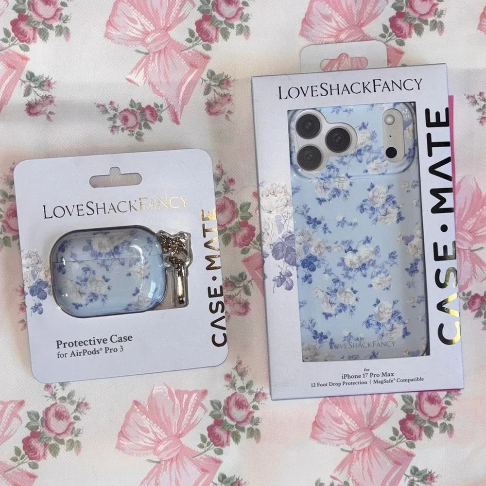 LoveShackFancy case mate iPhone 17 Pro Max and AirPods Pro 3 cases blue